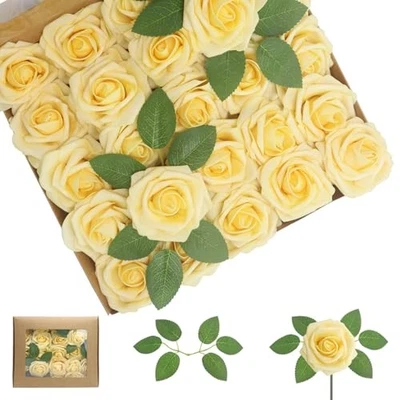 Pcs Artificial Flowers Roses Real Looking Foam Fake Roses 100 Creamy Yellow - Image 1 of 4