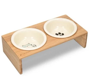 2x Futternapf Katze mit Bambus Halter Keramik Futterstation Katzen Hunde - Bild 1 von 1