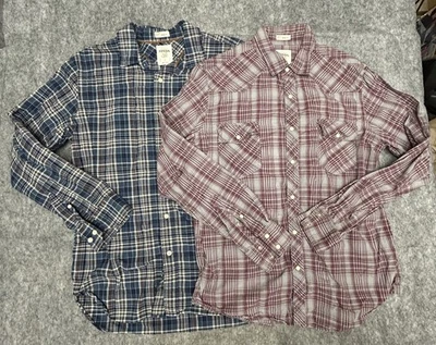 Lot Of 2 Fossil Men’s Pearl Snap And Button Up Shirts Blue Red Plaid Western - Image 1 of 4