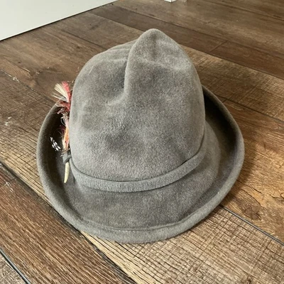 60s 70s VINTAGE Betman Wool Fedora Hat Feather Accent Taupr Gray Union USA Made - Image 1 of 4