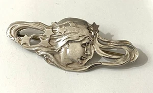 Broche de plata vintage estilo Art Nouveau con sello SWJ 1988 cabeza de mujer estrellas - Imagen 1 de 9