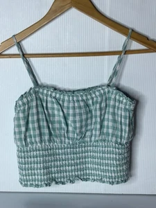 American Eagle Green Gingham Cotton Linen Smocked Cami Tank Milkmaid Crop Top S - Picture 1 of 3