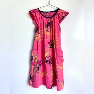 Tea Collection Girl's Dress 8 Pink Yellow Floral Pockets 100% Cotton Relaxed - Picture 1 of 6