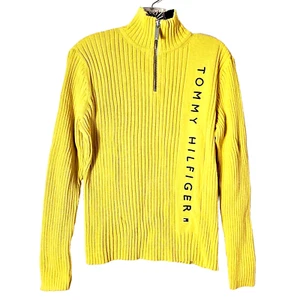 Tommy Hilfiger maglione donna giallo a costine GRANDE busto 38" 1/4 zip 2004 vintage - Foto 1 di 9