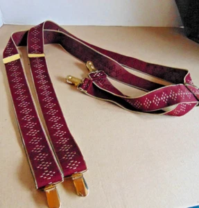 Vintage Pelican Suspenders Braces USA Burgundy Print Elastic Gold Metal Clip - Picture 1 of 5