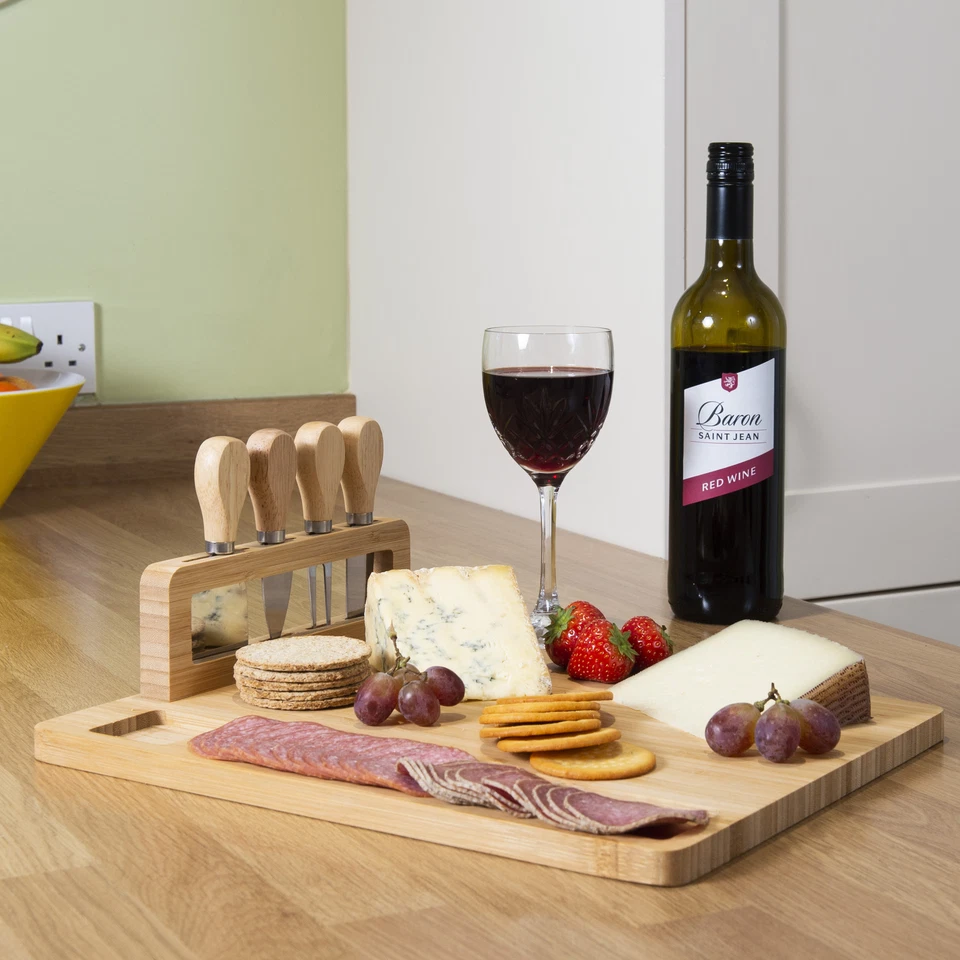 Bamboo Cheese Board Knife Set with Four Knives Wooden Serving Platter Tray Gift