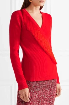 Suéter envolvente de lana merino acanalado con flecos Altuzarra Daumier en rojo talla XS Foto 1 de 4