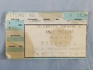 11-3-91 1991 OVERKILL Vtg Concert Ticket Stub Celebrity Theatre Anaheim LA Ca - Picture 1 of 2