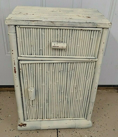 Antique Bamboo? Rattan White Nightstand End Table Original Decor Mid Century Cover