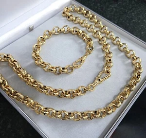 Mens 12mm Diamond Cut Belcher Chain And Bracelet 10" 30"Albert Clasp 9ct Gold XP - Picture 1 of 5