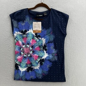 DESIGUAL Tee Girls 13 / 14 Blue Floral Gemstones Multicolor Short Sleeve T-Shirt - Picture 1 of 10