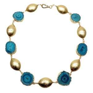 Deep Blue Agate Slice Gemstone Brushed Bead Choker Necklace For Woman - Picture 1 of 5