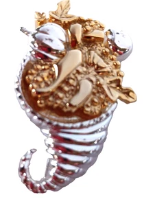 PROSPERITY THANKSGIVING CORNUCOPIA FIGURE Silver / Gold Tone BROOCH PIN - Picture 1 of 16