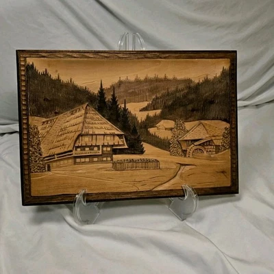 老式德国 3D 木雕森林景观小屋古董悬挂乡村艺术 — 第 1/4 张图片