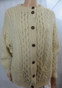Cladyknit Irish Wool Cardigan Ivory Fishermans Knit Cable Aran Sweater Size S - Picture 1 of 7