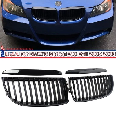 For BMW 3-Series E90 E91 2005-2008 Gloss Black Front Bumper Kidney Grill Grille Foto 1 de 4