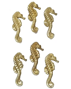 Brass Seahorse Cabinet Pulls Set Of 6 Drawers 3in Hole Center Nautical Ocean - Picture 1 of 9