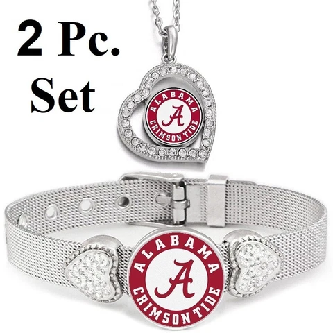 2 PcSet Alabama Crimson Tide Womens Sterling Silver Necklace With Bracelet Cover