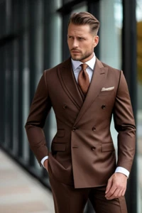 Men's Brown Double-Breasted Suit 2-Piece Elegant Formal Wear Outfit - Picture 1 of 8