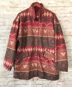 CURRENT SEEN Vintage 80’s Aztec Boho Button Up Fleece Jacket - Red - Large - Bild 1 von 11