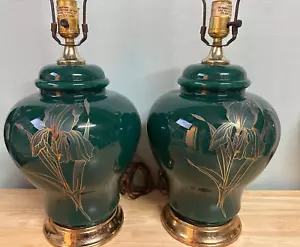 Pair Vintage Green Floral Iris Table Lamp Brass Hollywood Regency Ginger Jar - Picture 1 of 10