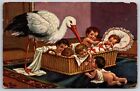 Arthur Thiele Fantasy~Stork Tends Basket Full Of Babies~G-A Novelty Art~1910