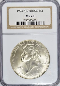 1993 P JEFFERSON SILVER UNCIRCULATED COMMEMORATIVE DOLLAR ~ NGC MS70! - Picture 1 of 2