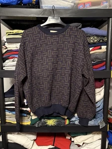 Tricots St. Raphael Pure Wool Sweater Mens Large Crewneck Blue Geo Print Brown - Picture 1 of 8