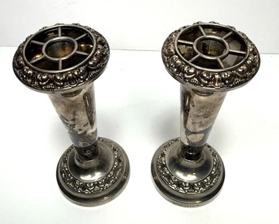 Vtg Ian Heath IANTHE Silver Plated Floral Embossed Bud Vases Flower Frog Set 2 Foto 1 de 4