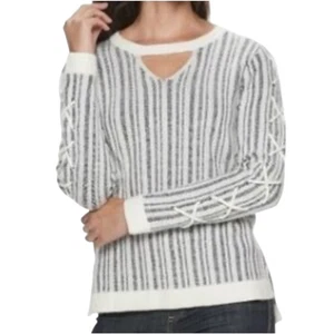 Rock & Republic Striped Cutout Sweater Lace-Up Sleeves Pullover Women Size Small - Picture 1 of 7