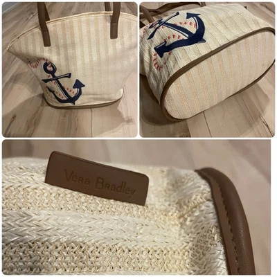 Bolso de Mano Vera Bradley Paja Regata Azul Marino Ancla Marrón Borde Cierre de Cremallera Náutico Foto 1 de 4