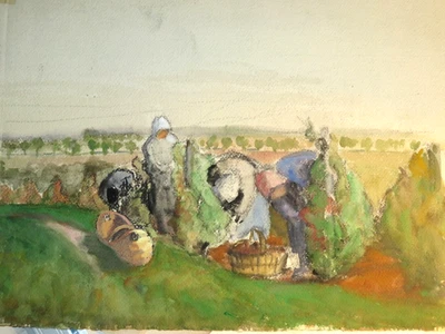 Ecole FRANCAISE XX DESSIN PAYSAGE BOURGOGNE BORDELAIS VENDANGES VIN FEMMES 1920 - Photo 1/4