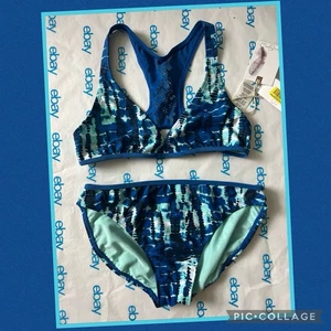 NWT Jessica Simpson Girls  2 pc Swim Suit bikini  blue Racerback -lacer cut S 16 - Picture 1 of 8