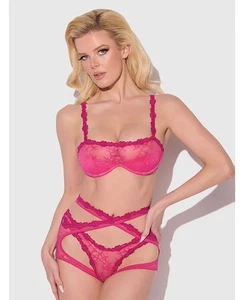Yvone Sujetador de Encaje Liga Tanga Panty Conjunto de 3 piezas Rosa S/M Lencería Transparente Tirantes - Imagen 1 de 5