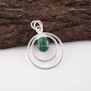 Pendente Elegante In Argento Sterling 925 Con Malachite Naturale Ovale - Foto 1 di 10