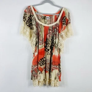 Bila Plus Size 2X Printed Lace Trim Gauze Blouse Top Orange Cream Boho Casual - Imagen 1 de 5