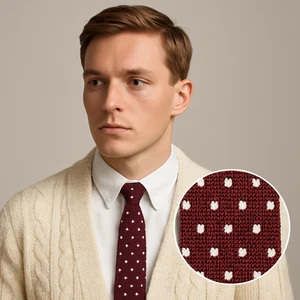 Merlot Wine Red Knit & White Polka Dot Mens Knitted Slim 6CM Skinny Tie K94 UK - Picture 1 of 2