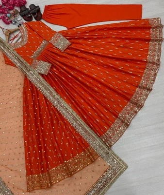 Último Diseñador Naranja Chinon Seda Salwar Kameez Con Dupatta Para Mujeres y Niñas Foto 1 de 4