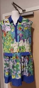 L AMOUR Mini SWING FLARE DRESS SHEATH BLUE Red FLORAL FLOWERS Poly Buttons SZ L - Picture 1 of 7