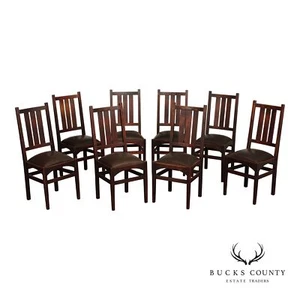 Gustav Stickley Harvey Ellis Set of Eight Oak and Leather Dining Chairs - Picture 1 of 16