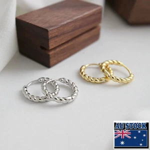 Woman s925 Sterling Silver Classic Rope Round Huggie Hoop Earring Clip - Picture 1 of 8