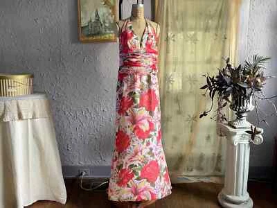 Maxi Vestido de Noche Escada Vintage L Tropical Verano Floral Sin Espalda Halter Foto 1 de 4