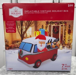 Holiday Time Gonfiabile Vintage Holiday Bus Babbo Natale e Renne 7FT WIDE NUOVO - Foto 1 di 5