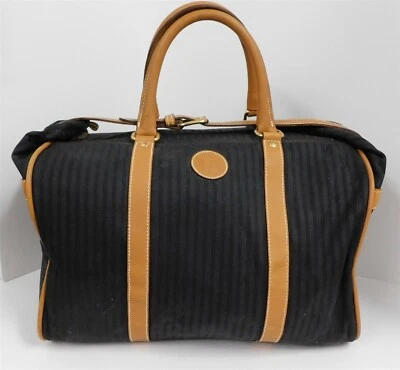 Fendi Italy Vintage Black Striped Canvas Leather Duffle Carry-on Tote Bag - Image 1 of 4