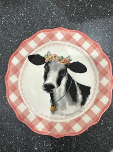 Pioneer Woman Appetizer Plate Black White Cow Pink Gingham Ceramic Dessert Dish - Picture 1 of 4
