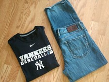 MEN'S SIZE M SHIRT & 34 X 29 JEANS (LOT OF 2) NIKE NY YANKEES SHIRT, LUCKY BRAND