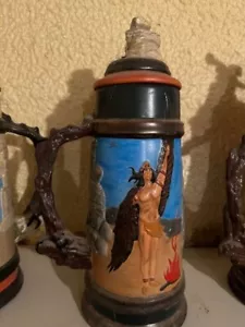 Handmade Beer Stein Native American orange ring lid rock handle - Picture 1 of 3