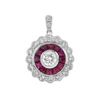Art Deco Style Lab-Created Diamond And Ruby Halo Bezel Set Pendant In 925 Silver - Image 1 of 4
