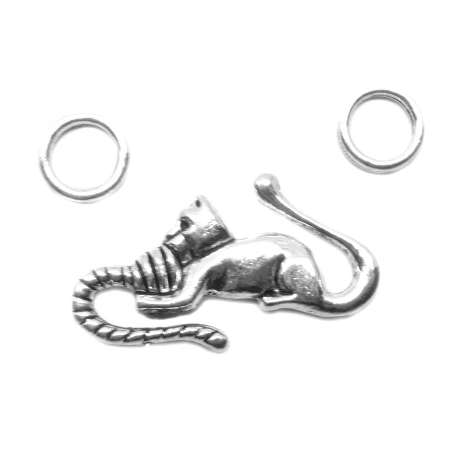 Pewter Cat Large S-Hook Necklace Clasp 28x14mm set of 18 Cats w 36 Rings - Image 1 of 1