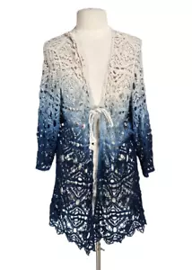 Le Moda Womens Croche Ombre Blue Tie Cardigan Size L 3/4 Sleeve No Camisole - Picture 1 of 6